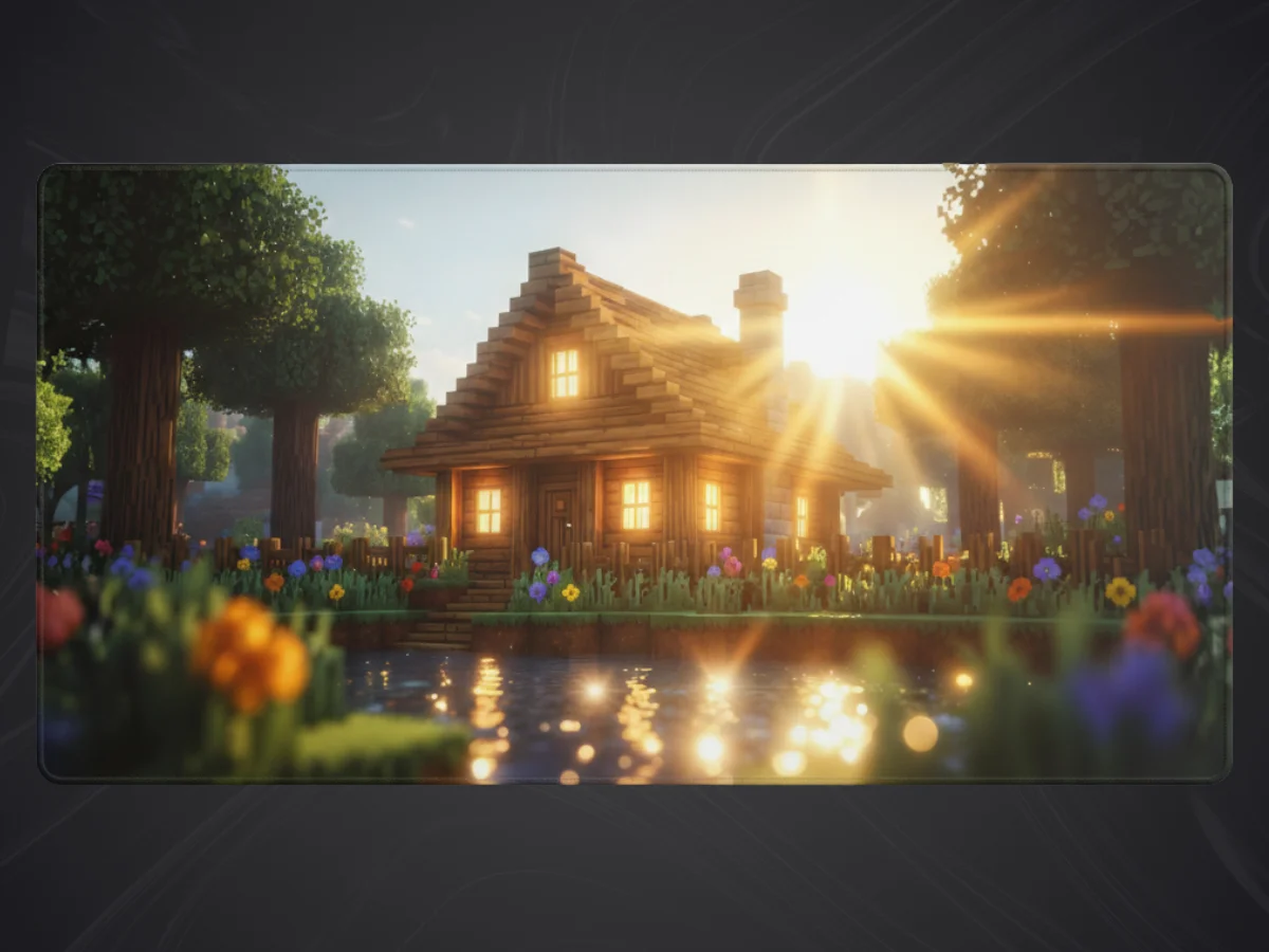 Image idyllique de chalet Minecraft au bord de l'eau, idéale pour un tapis de souris gamer.