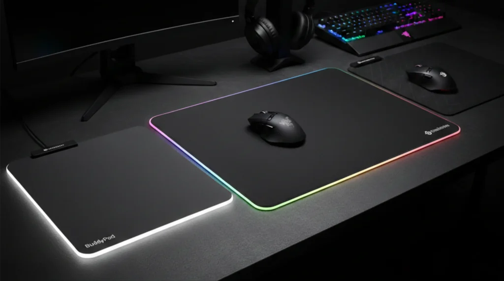Trois tapis de souris gaming noirs sur un bureau foncé, un avec un éclairage RGB et un autre avec un éclairage blanc.