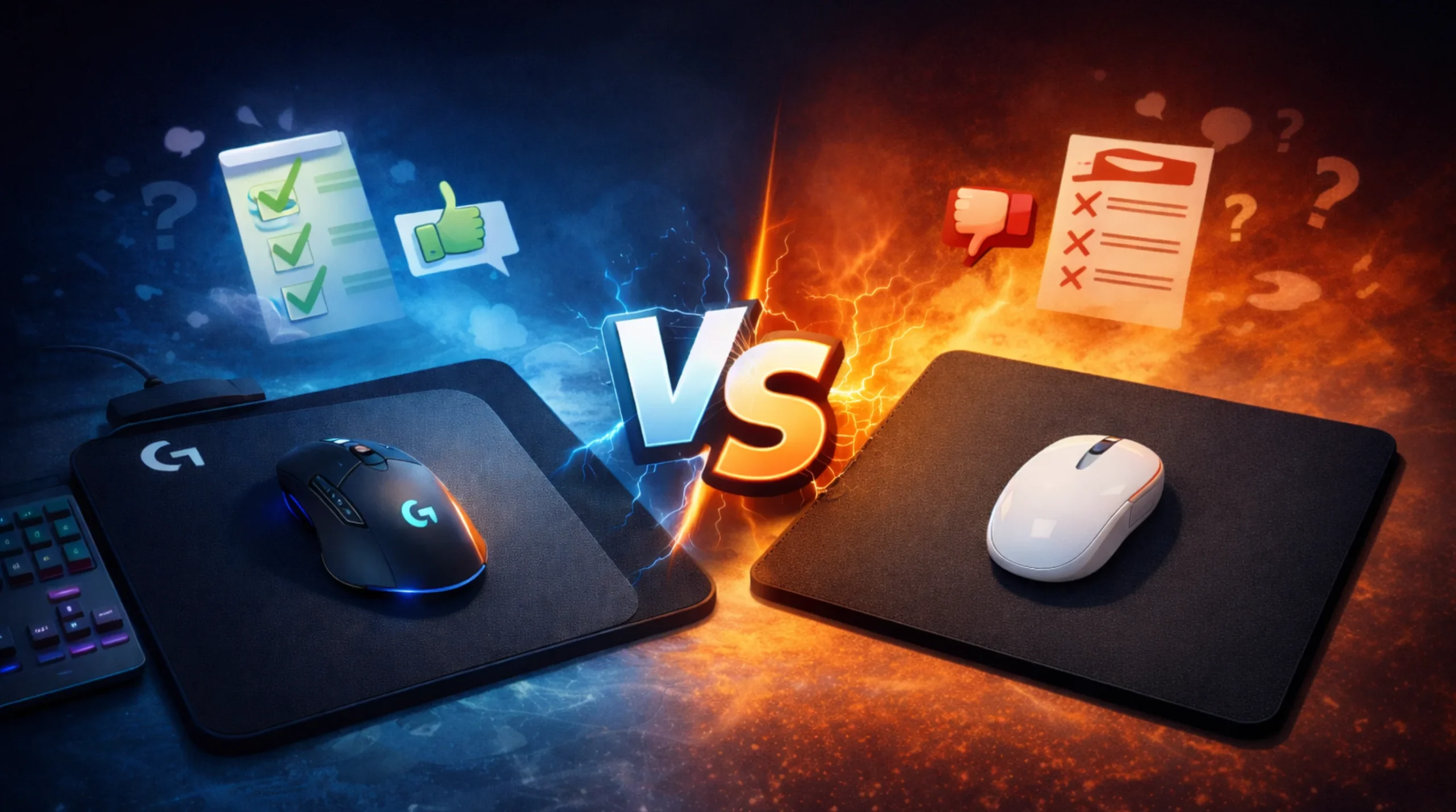 Comparaison visuelle entre deux souris, symbolisant le Tapis de souris Logitech ou BuddyPad, avec avantages et inconvénients. Fond bleu et orange éclairs.