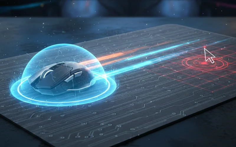 Souris gaming sur un tapis de souris Qualité de glisse et précision avec des effets lumineux bleus et rouges simulant la performance.