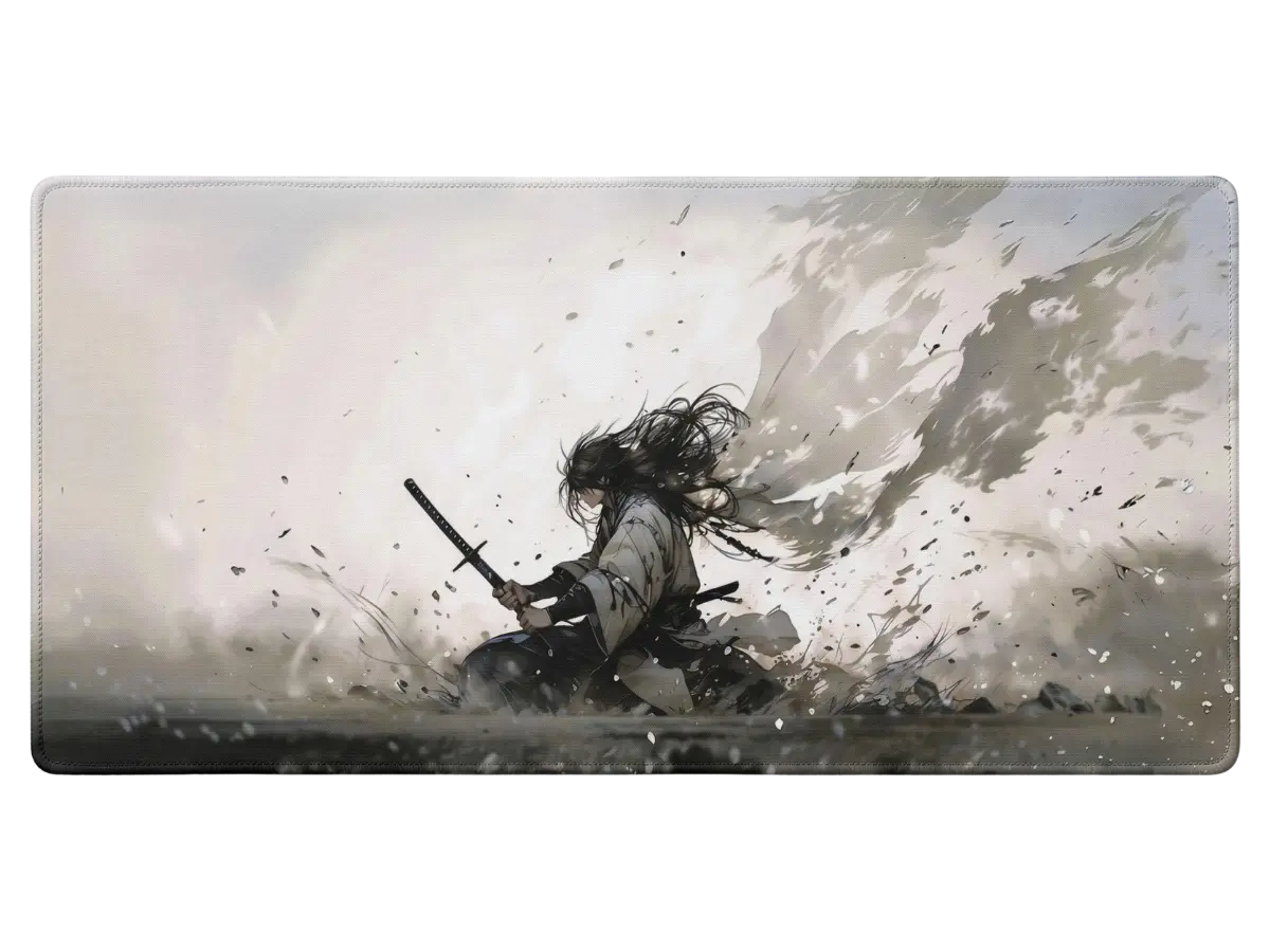 Tapis de souris gaming samouraï manga Karasu Katana – corbeau noir sur brume violette, surface micro-tissée, Buddypad