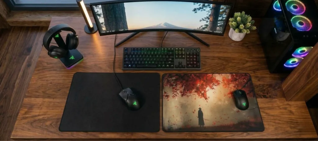 Setup gaming vue plongeante avec grand tapis de souris XXL forêt brumeuse – BuddyPad
