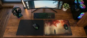 Setup gaming vue plongeante avec grand tapis de souris XXL forêt brumeuse – BuddyPad