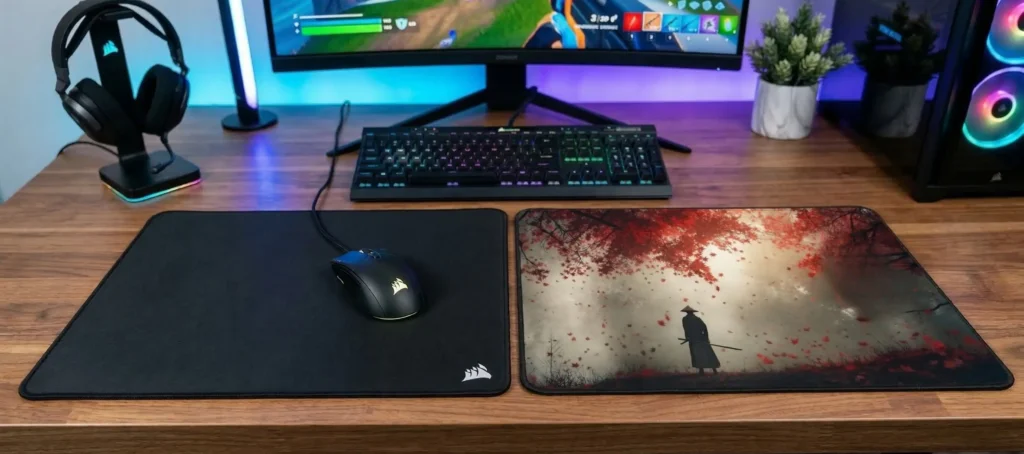 Setup gaming Corsair RGB avec grand tapis de souris XXL forêt atmosphérique rouge – BuddyPad