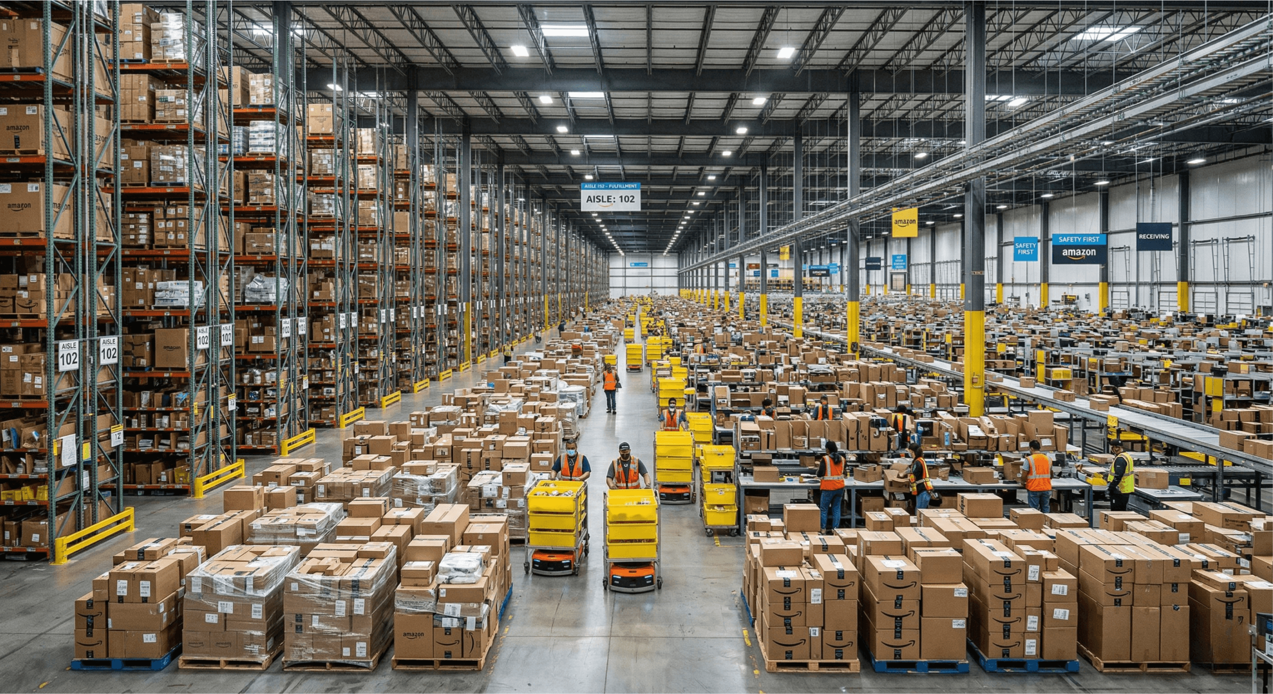 Vue panoramique d'un entrepôt Amazon avec des milliers de références stockées sur plusieurs niveaux, illustrant la distribution de masse des tapis de souris génériques vendus sur la marketplace