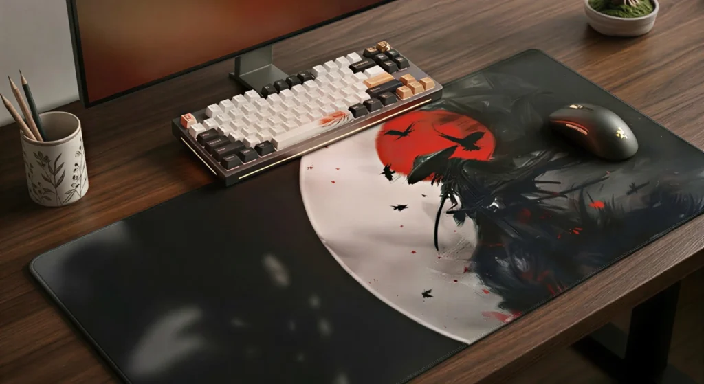 Tapis de souris manga samouraï rouge et noir avec clavier gaming sur bureau