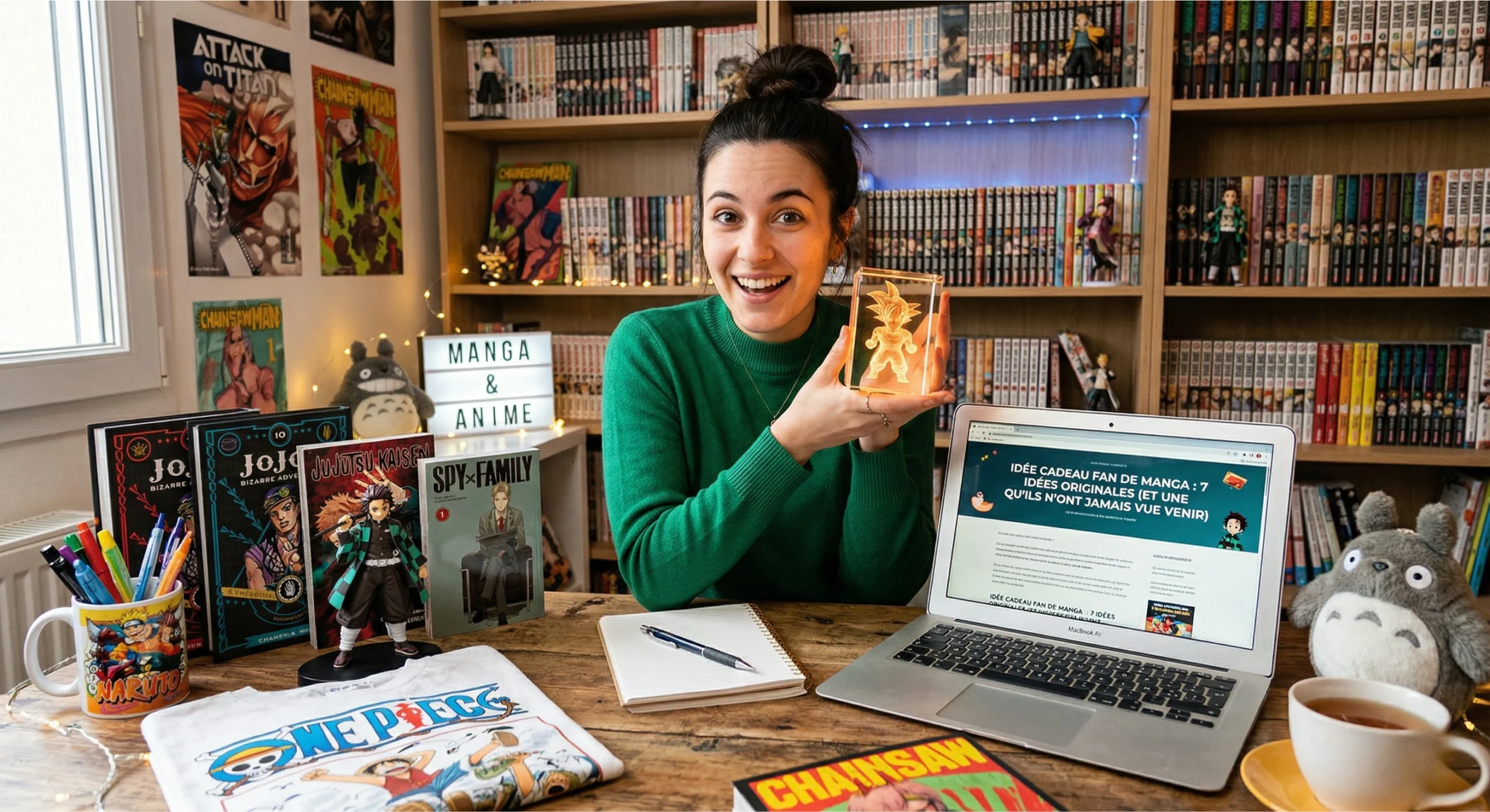 Jeune femme souriante entourée de mangas et cadeaux anime – idées cadeaux fan manga