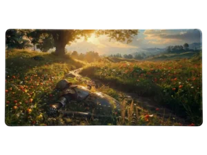 Vue d'un chevalier en armure gisant dans un champ de fleurs printanier au lever du soleil, idéal pour un tapis de souris.