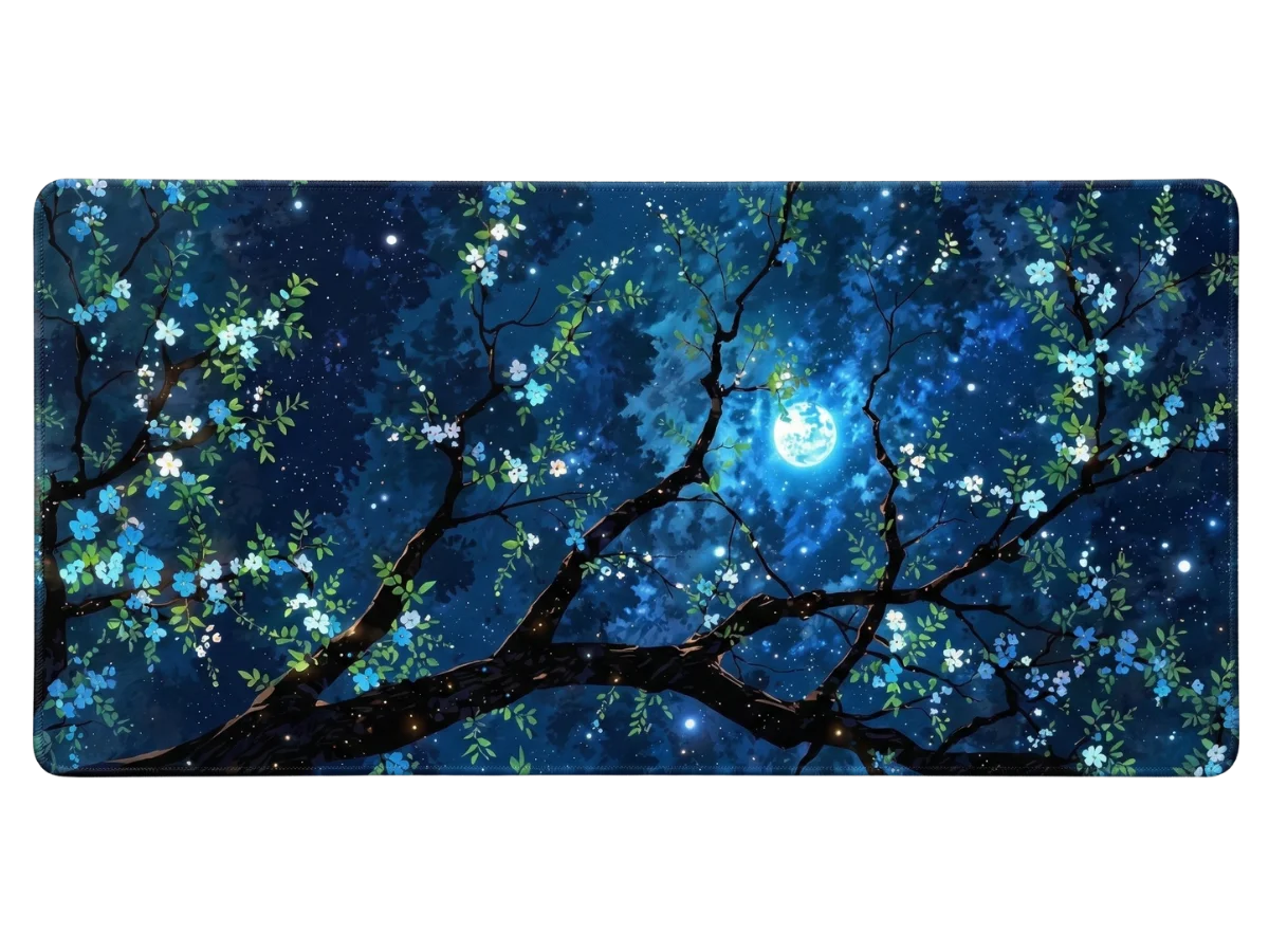 Arbre fleuri sous une lune brillante et des étoiles scintillantes, un décor de tapis de souris manga / anime