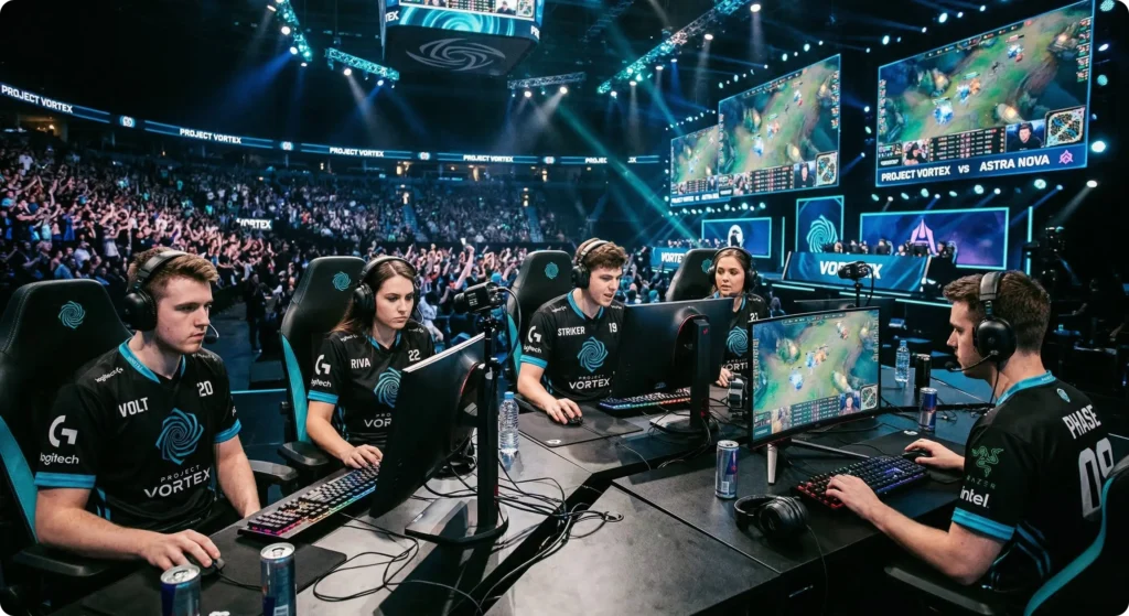 Équipe e-sport avec setup gaming et tapis de souris BuddyPad