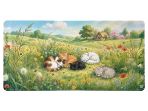Tapis de souris chats endormis dans un pré fleuri calme et champêtre