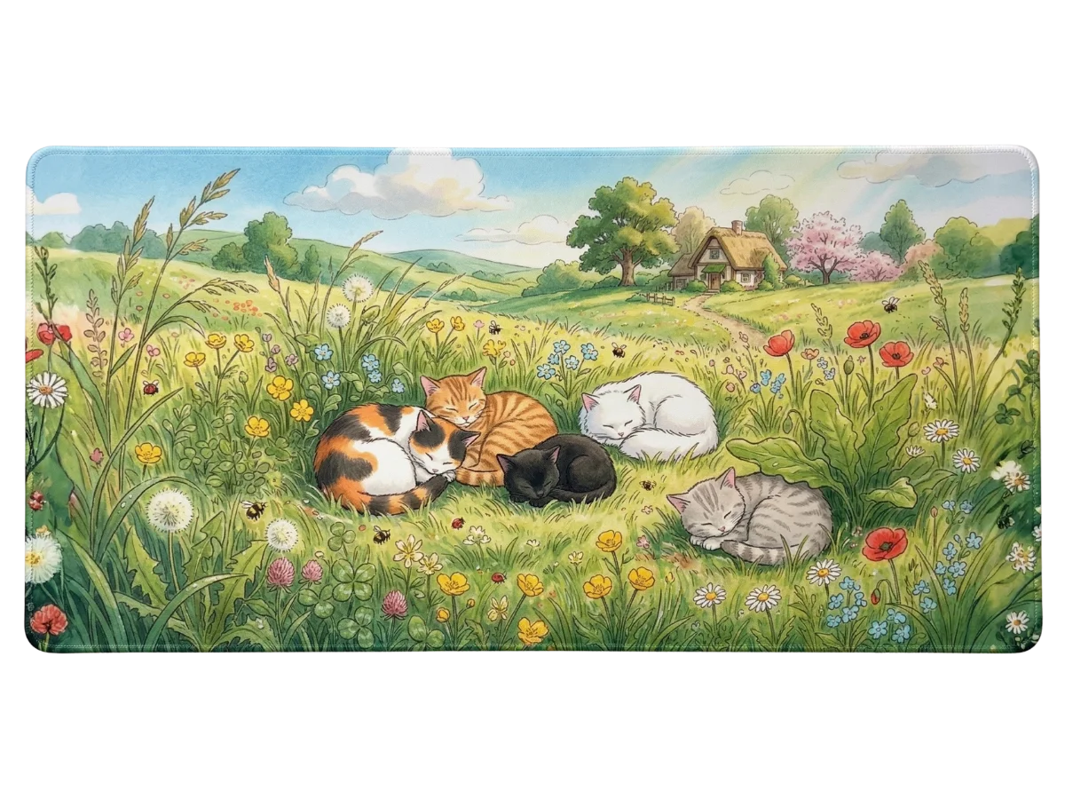 Tapis de souris chats endormis dans un pré fleuri calme et champêtre