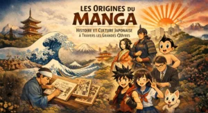 Illustration des origines du manga – histoire et culture japonaise avec personnages et ukiyo-e