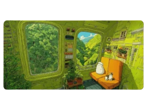 Tapis de souris paysage luxuriant avec chat et créature dans un train immersif