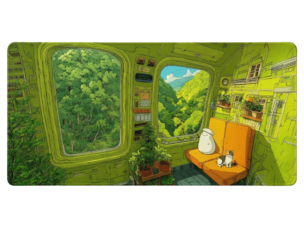 Tapis de souris paysage luxuriant avec chat et créature dans un train immersif