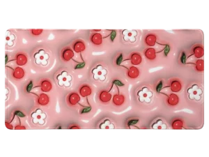 Tapis de souris cerises et fleurs blanches 3D en relief sur fond rose pâtisserie