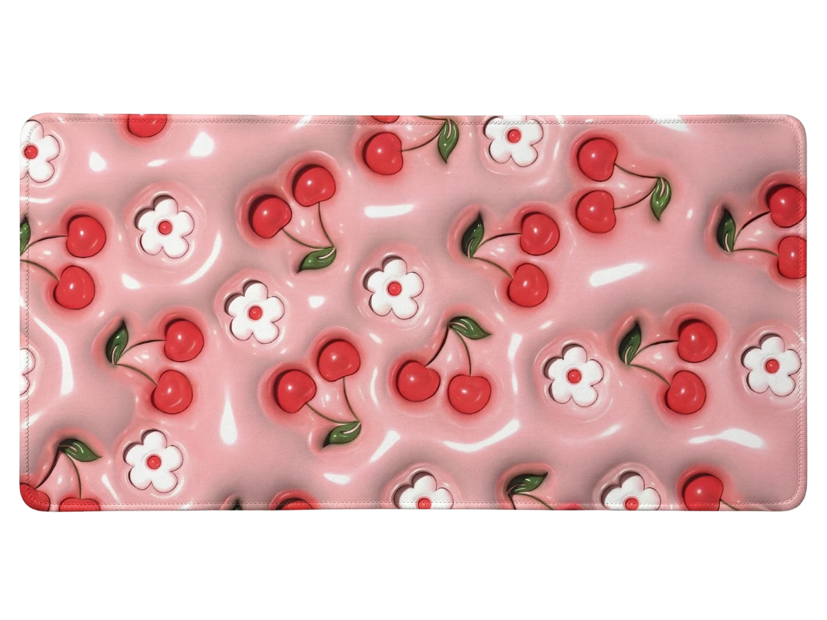 Tapis de souris cerises et fleurs blanches 3D en relief sur fond rose pâtisserie