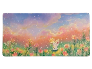 Tapis de souris kawaii ciel étoilé tulipes pastel bleu et rose