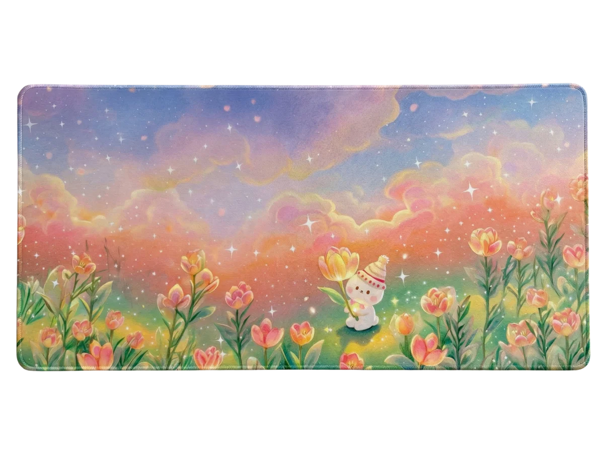Tapis de souris kawaii ciel étoilé tulipes pastel bleu et rose