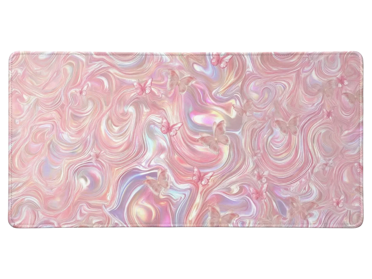 Tapis de souris marbre rose pastel avec papillons design irisé vue principale